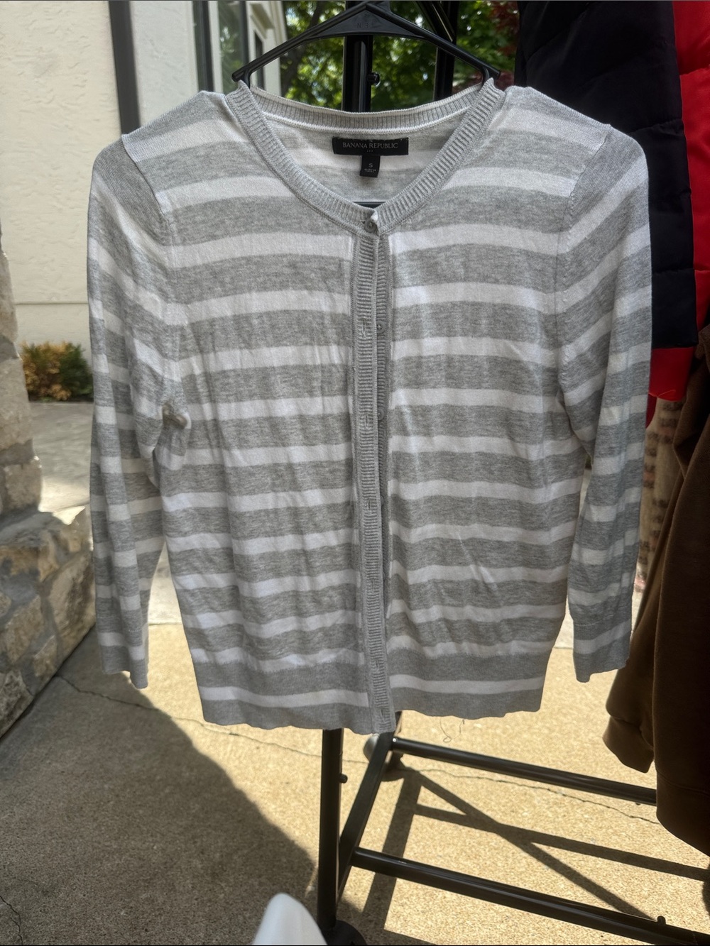 Banana Republic Light Gray & White Striped Knit Cardigan